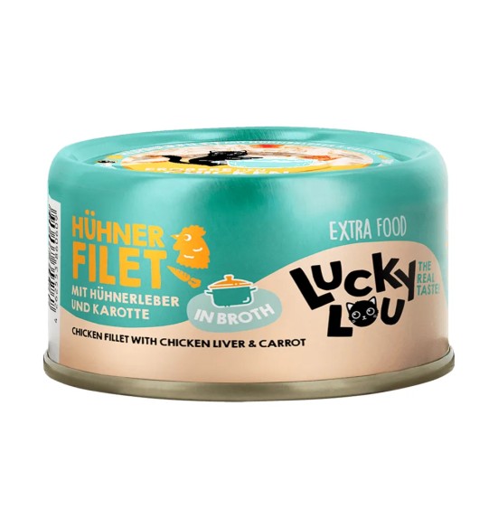 Lucky Lou Extra Food kanafilee kanamaksa ja porgandiga puljongis, konserv kassile 70 g