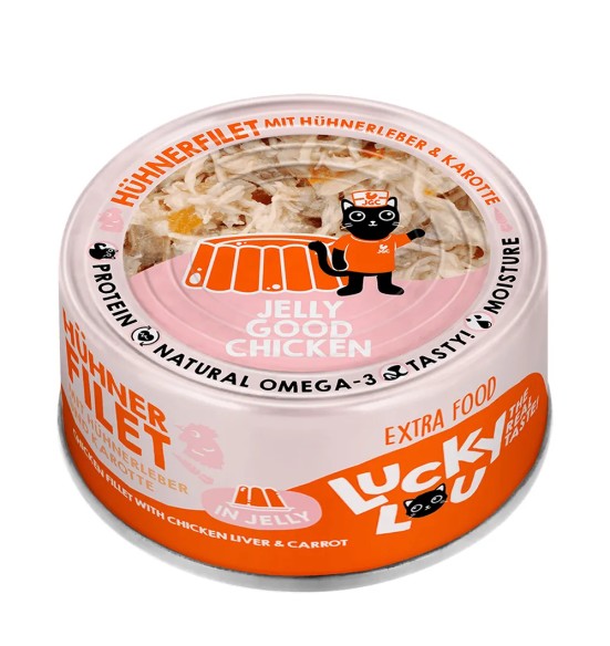 Корм для кошек консервированный Lucky Lou Extra Food куриное филе с куриной печенью и морковью в желе, 70 г