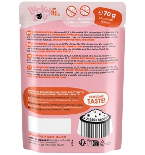 Lucky Lou Extra Food tuunifilee vutimunade ja hernestega puljongis, teraviljavaba kassieine kotikeses–Konservid kassidele–Lucky Lou Extra Food–Valgekihv 2