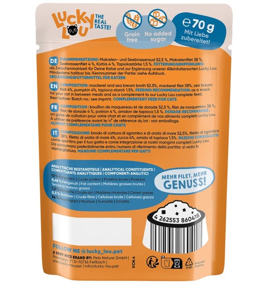 Lucky Lou Extra Food makrellifilee merikogre ja kõrvitsaga tarrendis, teraviljavaba kassieine kotikeses