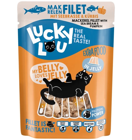Lucky Lou Extra Food makrellifilee merikogre ja kõrvitsaga tarrendis, teraviljavaba kassieine kotikeses