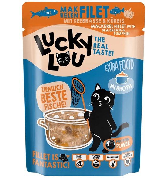Lucky Lou Extra Food makrellifilee merikogre ja kõrvitsaga puljongis, teraviljavaba kassieine kotikeses