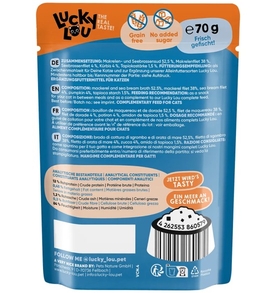 Lucky Lou Extra Food makrellifilee merikogre ja kõrvitsaga puljongis, teraviljavaba kassieine kotikeses