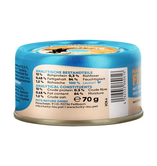 Корм для кошек консервированный Lucky Lou Extra Food филе скумбрии с морским лещом и тыквой в бульоне, 70 г