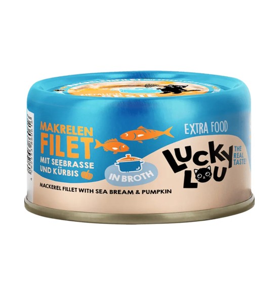 Корм для кошек консервированный Lucky Lou Extra Food филе скумбрии с морским лещом и тыквой в бульоне, 70 г