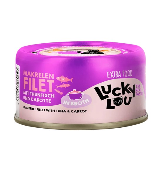Lucky Lou Extra Food makrellifilee tuunifilee ja porgandiga puljongis, konserv kassile 70 g