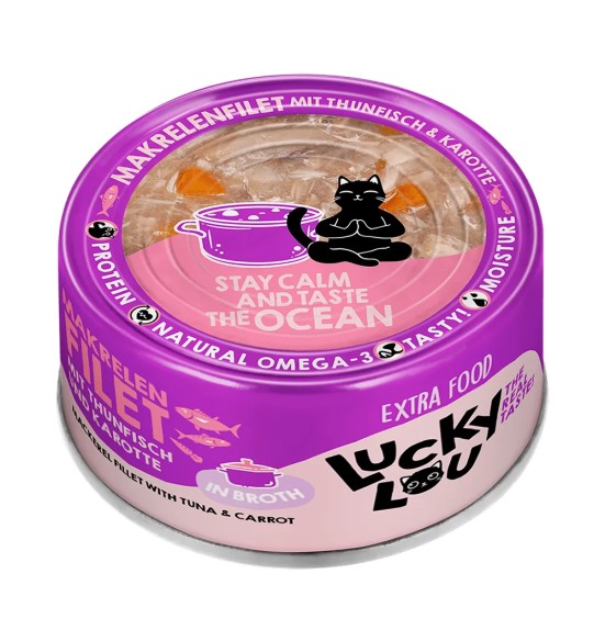 Lucky Lou Extra Food makrellifilee tuunifilee ja porgandiga puljongis, konserv kassile 70 g