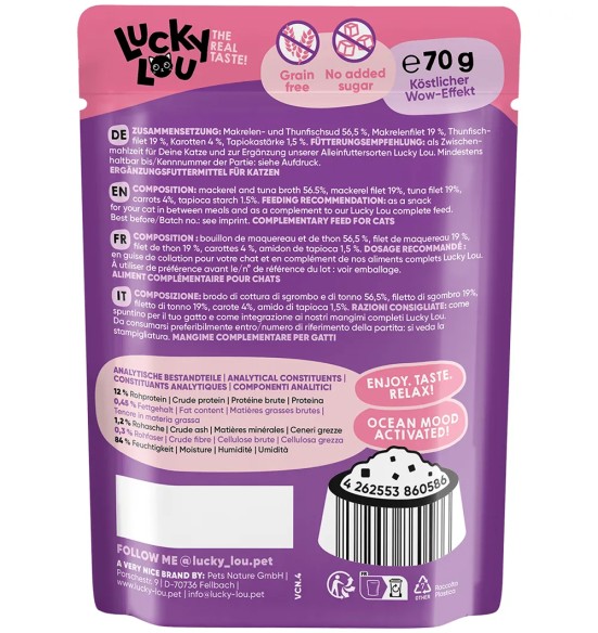 Lucky Lou Extra Food makrellifilee tuunifilee ja porgandiga puljongis, teraviljavaba kassieine kotikeses