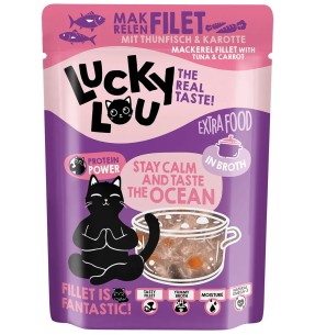 Lucky Lou Extra Food tuunikala filee puljongis, teraviljavaba kassieine kotikeses–Konservid kassidele–Lucky Lou Extra Food–Valgekihv
