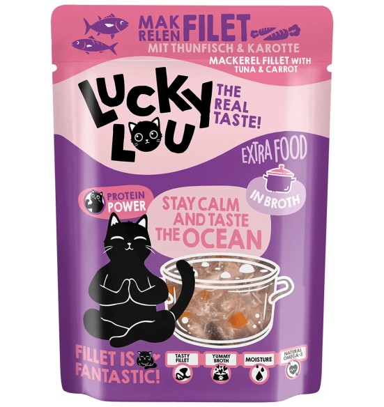 Lucky Lou Extra Food makrellifilee tuunifilee ja porgandiga puljongis, teraviljavaba kassieine kotikeses