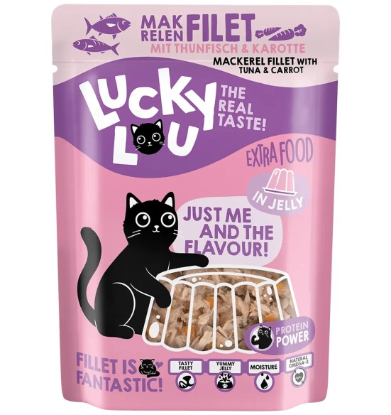 Lucky Lou Extra Food makrellifilee tuunifilee ja porgandiga tarrendis, teraviljavaba kassieine kotikeses