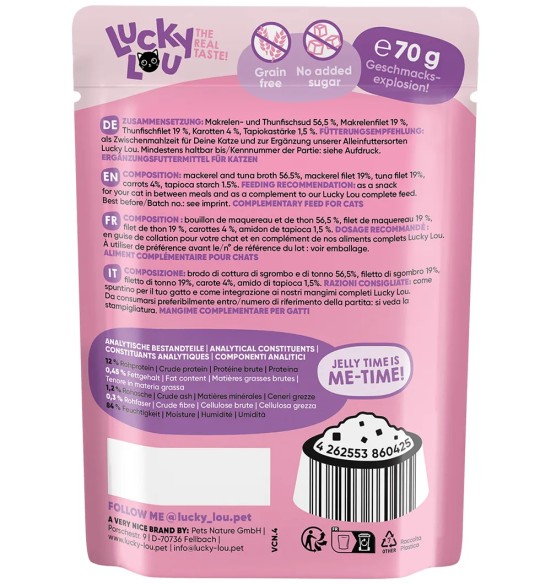 Lucky Lou Extra Food makrellifilee tuunifilee ja porgandiga tarrendis, teraviljavaba kassieine kotikeses