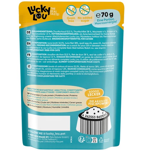 Lucky Lou Extra Food tuunifilee vutimunade ja hernestega puljongis, teraviljavaba kassieine kotikeses