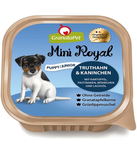 Mini Royal koeraeine kausike kutsikale KALKUNI- ja JÄNESELIHAGA, teraviljavaba koerakonserv (Granata Pet)