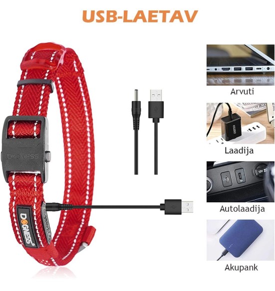 LED-valgusega tekstiilist kaelarihm koerale, punane, 8 valgusrežiimi (Dogness)