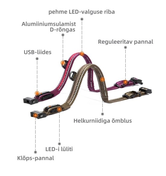 LED-valgusega tekstiilist kaelarihm koerale, lilla, 8 valgusrežiimi (Dogness)