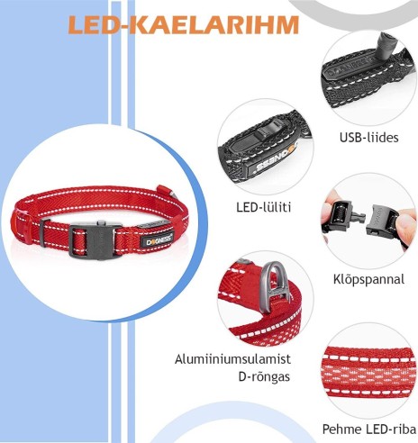 LED-valgusega tekstiilist kaelarihm koerale, punane, 8 valgusrežiimi (Dogness)