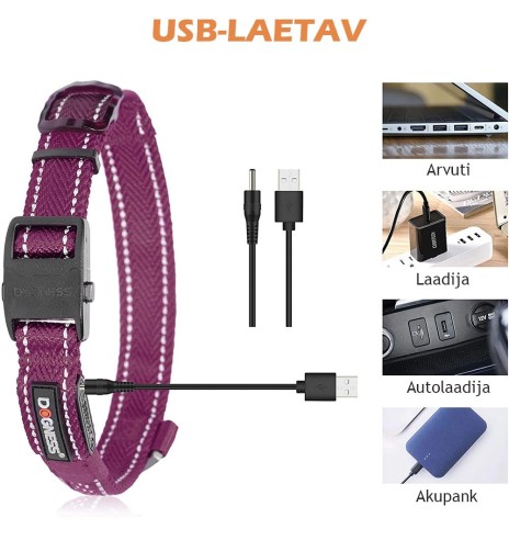LED-valgusega tekstiilist kaelarihm koerale, lilla, 8 valgusrežiimi (Dogness)