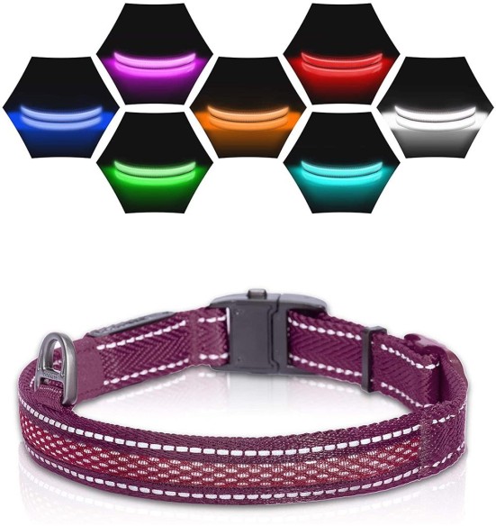 LED-valgusega tekstiilist kaelarihm koerale, lilla, 8 valgusrežiimi (Dogness)