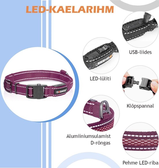 LED-valgusega tekstiilist kaelarihm koerale, lilla, 8 valgusrežiimi (Dogness)