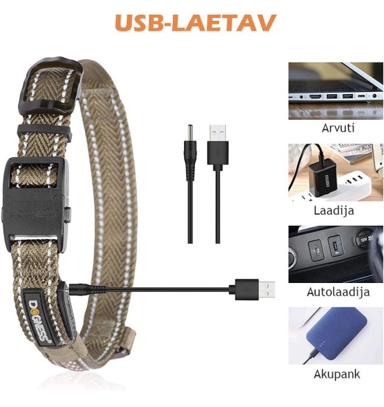 LED-valgusega tekstiilist kaelarihm koerale, lilla, 8 valgusrežiimi (Dogness)