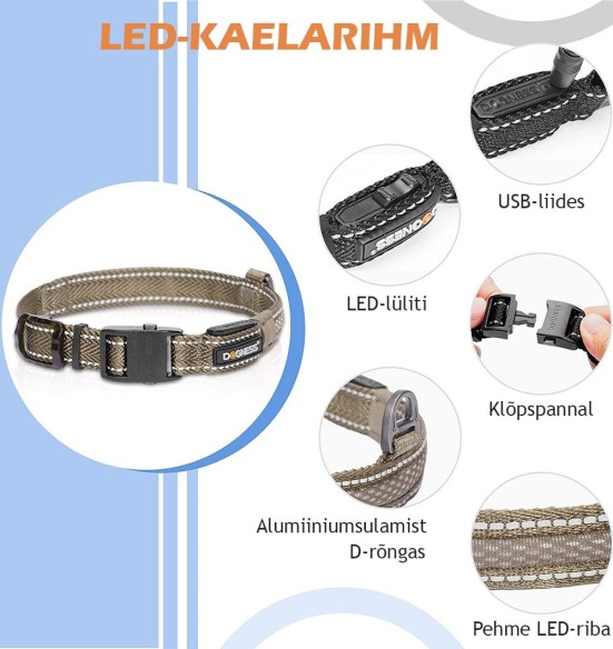 LED-valgusega tekstiilist kaelarihm koerale, lilla, 8 valgusrežiimi (Dogness)