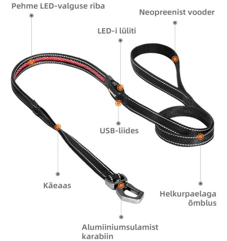 LED-valgusega tekstiilist jalutusrihm koerale, punane, 8 valgusrežiimi (Dogness)