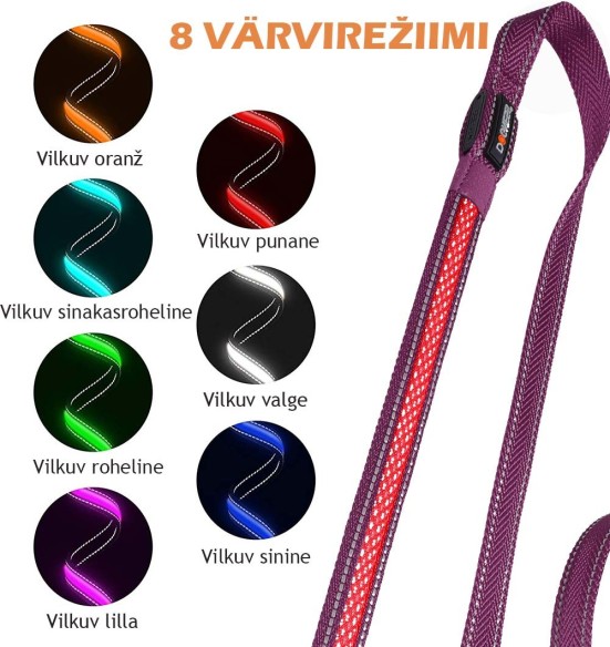 LED-valgusega tekstiilist jalutusrihm koerale, lilla, 8 valgusrežiimi (Dogness)