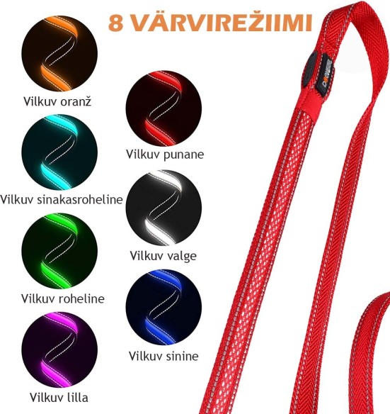 LED-valgusega tekstiilist jalutusrihm koerale, punane, 8 valgusrežiimi (Dogness)