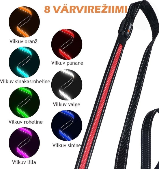 LED-valgusega tekstiilist jalutusrihm koerale, must, 8 valgusrežiimi (Dogness)