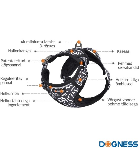 Шлейка для собак с мягкой подкладкой, чёрная с белыми буквами Black Letters (Dogness Elegant Printing)