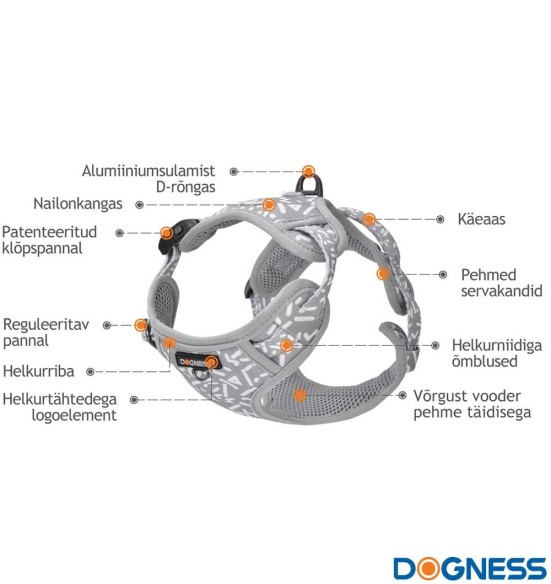 Шлейка для собак с мягкой подкладкой, серая с белыми буквами Grey Letters (Dogness Elegant Printing) Шлейка для собак с мягкой подкладкой, серая с белыми буквами Grey Letters (Dogness Elegant Printing)