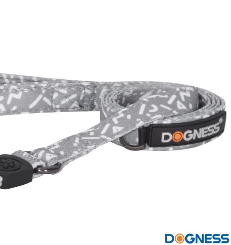 Поводок для собак амортизирующий, серый с белыми буквами Grey Letters (Dogness Elegant Printing)