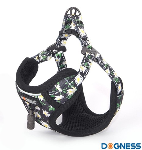 Текстильный поводок и шлейка для маленьких собак или кошек,чёрный с ромашками Black Daisy (Dogness Little Rascal)