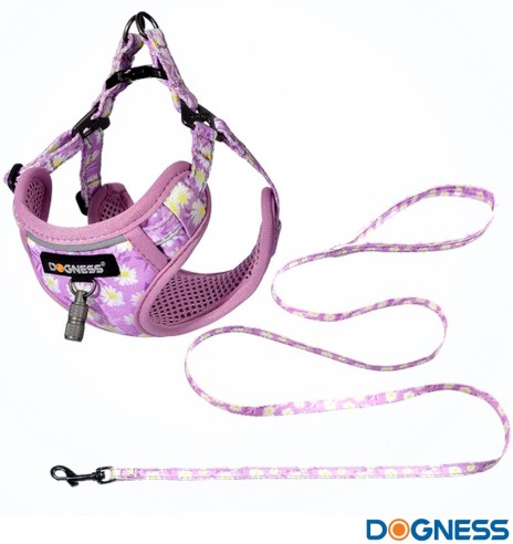 Текстильный поводок и шлейка для маленьких собак или кошек, фиолетовый с ромашками Calamus Purple (Dogness Little Rascal)