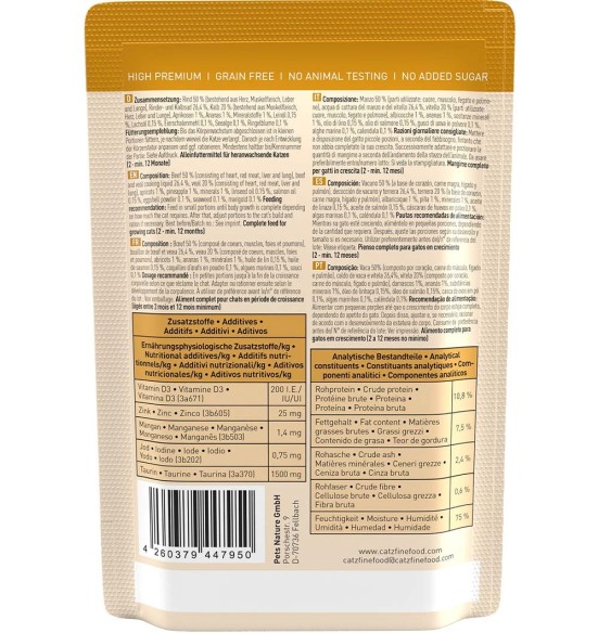 Kassipojale Classic Kitten N°7 VEISE- ja VASIKALIHAGA (69%), teraviljavaba kassieine kotike (Catz Finefood)