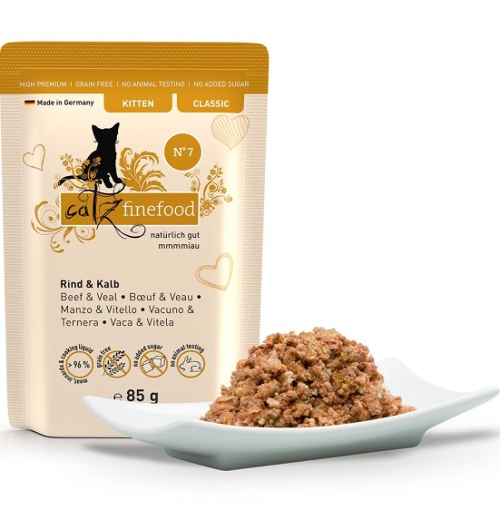 Classic Kitten N° 7 – ГОВЯДИНА и ТЕЛЯТИНА (70 %) – беззерновой консервированный корм для котят, пакетик (Catz Finefood)