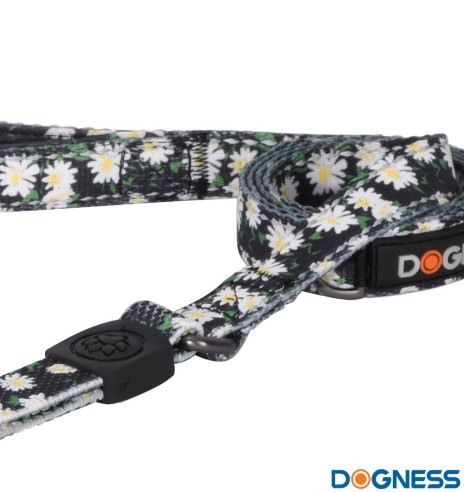 Поводок для собак амортизирующий, чёрный с ромашками Black Daisy (Dogness Elegant Printing)