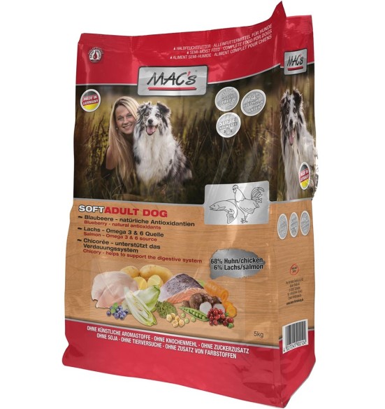MAC's SOFT KANA ja LÕHEGA (liha min 74%) pehme graanuliga teraviljavaba kuivtoit koerale (Semi-Moist Dog Food Chicken & Salmon)