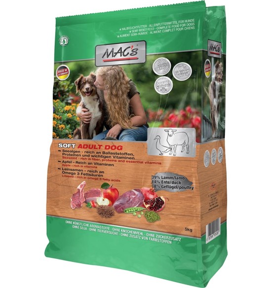 MAC's SOFT LAMBA ja PARDIGA (liha min 61%) pehme graanuliga teraviljavaba kuivtoit koerale (Semi-Moist Dog Food Lamb & Duck)