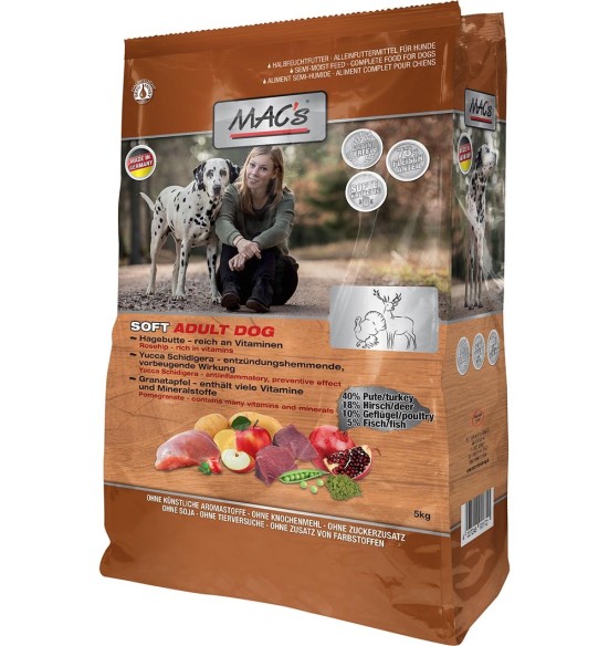 MAC's SOFT HIRVE ja KALKUNIGA (liha min 73%) pehme graanuliga teraviljavaba kuivtoit koerale (Semi-Moist Dog Food Deer & Duck)
