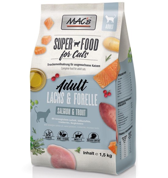 MAC's LÕHE ja FORELLIGA teraviljavaba kuivtoit kassile (Superfood Cat Salmon & Trout Dry Food)