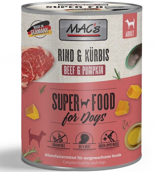 MAC's konserv koerale VEISELIHA (93%) ja KÕRVITSAGA teraviljavaba (Superfood MAC's Dog Beef & Pumpkin)