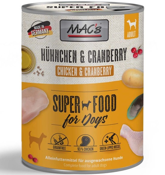 MAC's konserv koerale KANALIHA (93%) ja JÕHVIKATEGA teraviljavaba (Superfood MAC's Dog Chicken & Cranberry)